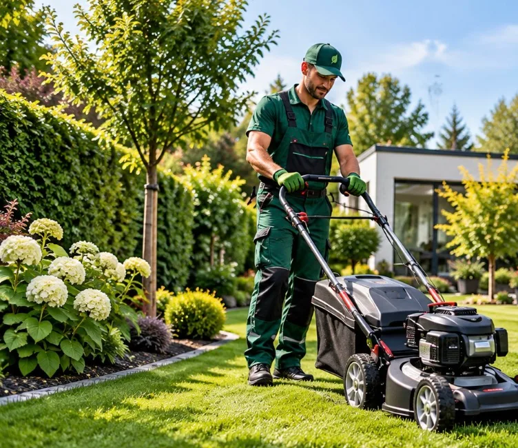 Gärtner in grüner Arbeitskleidung mäht den Rasen eines Gartens mit Hortensien